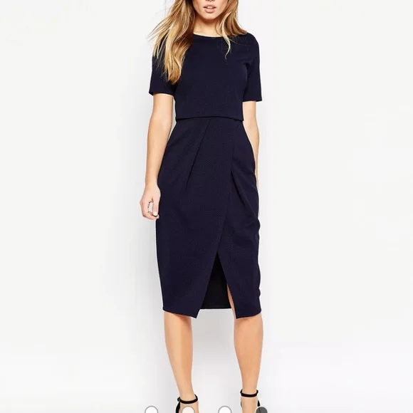 Like New Asos Double Layer Textured Wiggle Dress Midi Size 8 Dark Blue - Picture 1 of 5